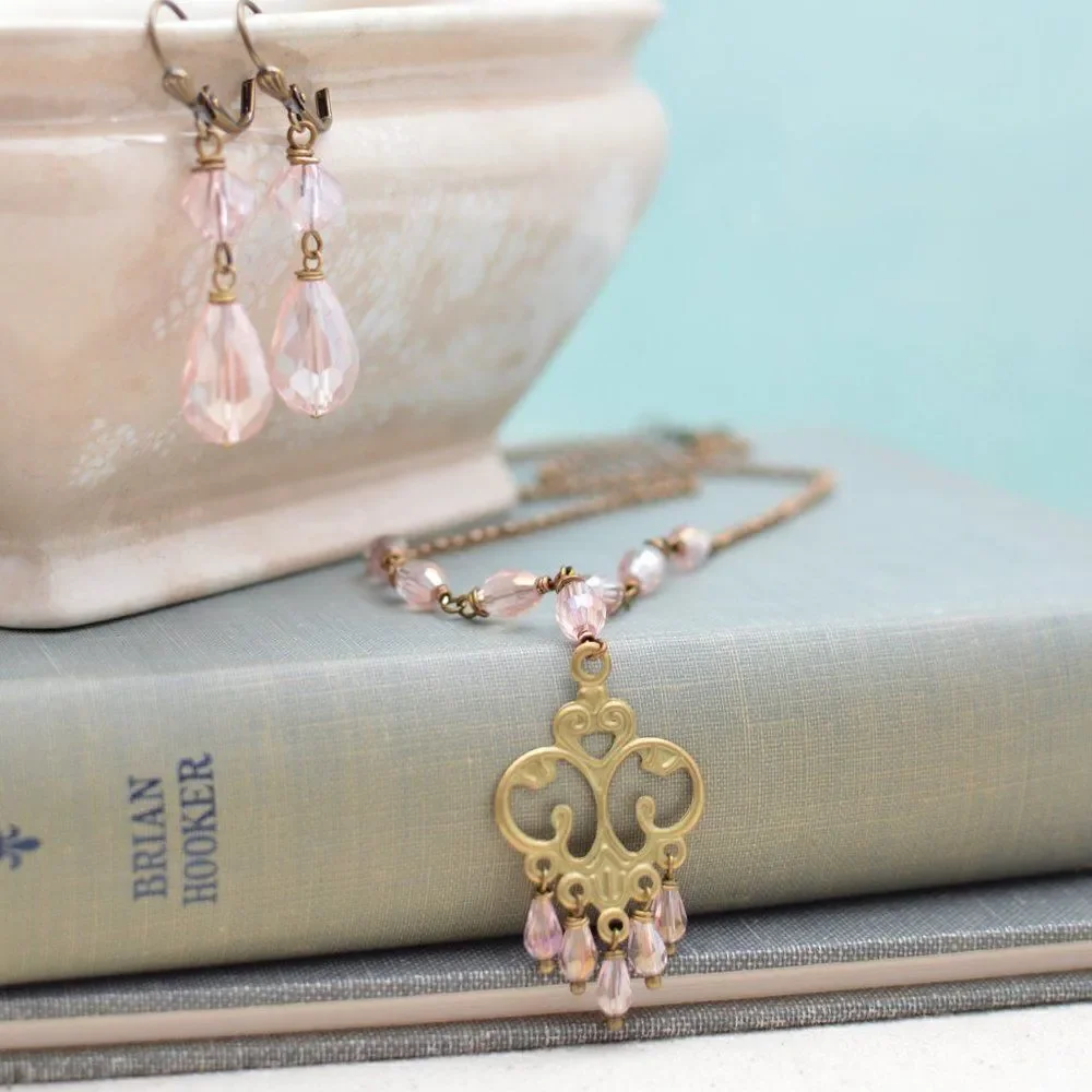Pink Art Nouveau Necklace and Earrings Set